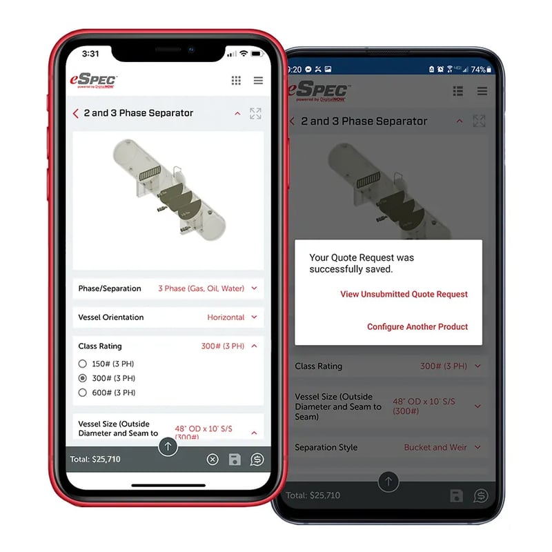 Image of multiple engineered packages configured and an entire RFQ submitted to DNOW engineers with our easy-to-use eSpec™ mobile app.